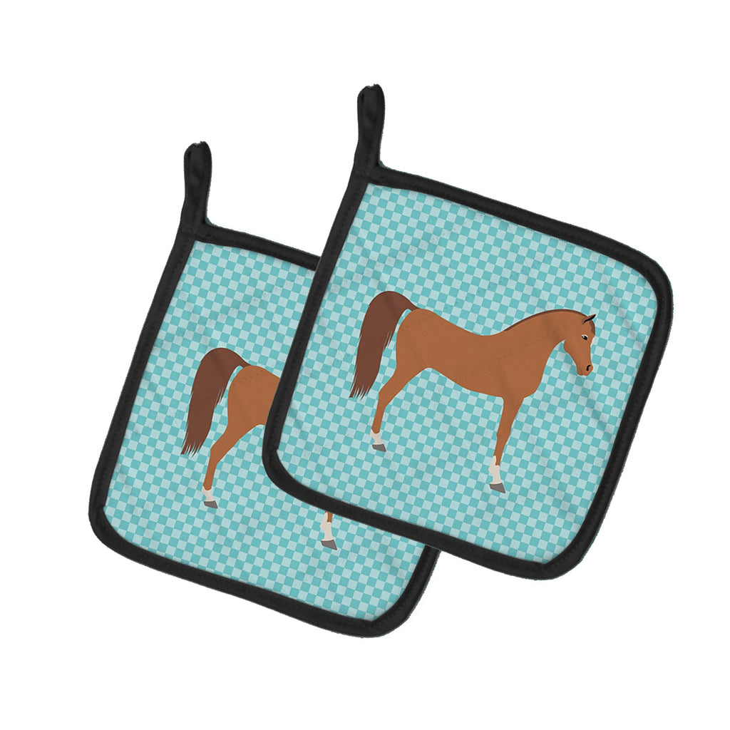 Arabian Horse Blue Check Pot Holder Set of 2 Heat Resistant Quilted Hot Pads 7.5 x 7.5 Inch, Insulated Kitchen Trivets for Cooking & Baking