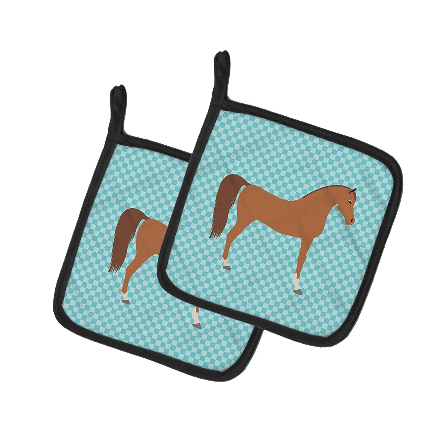 Arabian Horse Blue Check Pot Holder Set of 2 Heat Resistant Quilted Hot Pads 7.5 x 7.5 Inch, Insulated Kitchen Trivets for Cooking & Baking