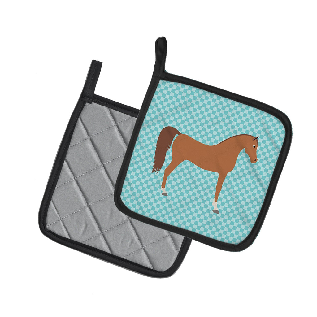 Arabian Horse Blue Check Pot Holder Set of 2 Heat Resistant Quilted Hot Pads 7.5 x 7.5 Inch, Insulated Kitchen Trivets for Cooking & Baking