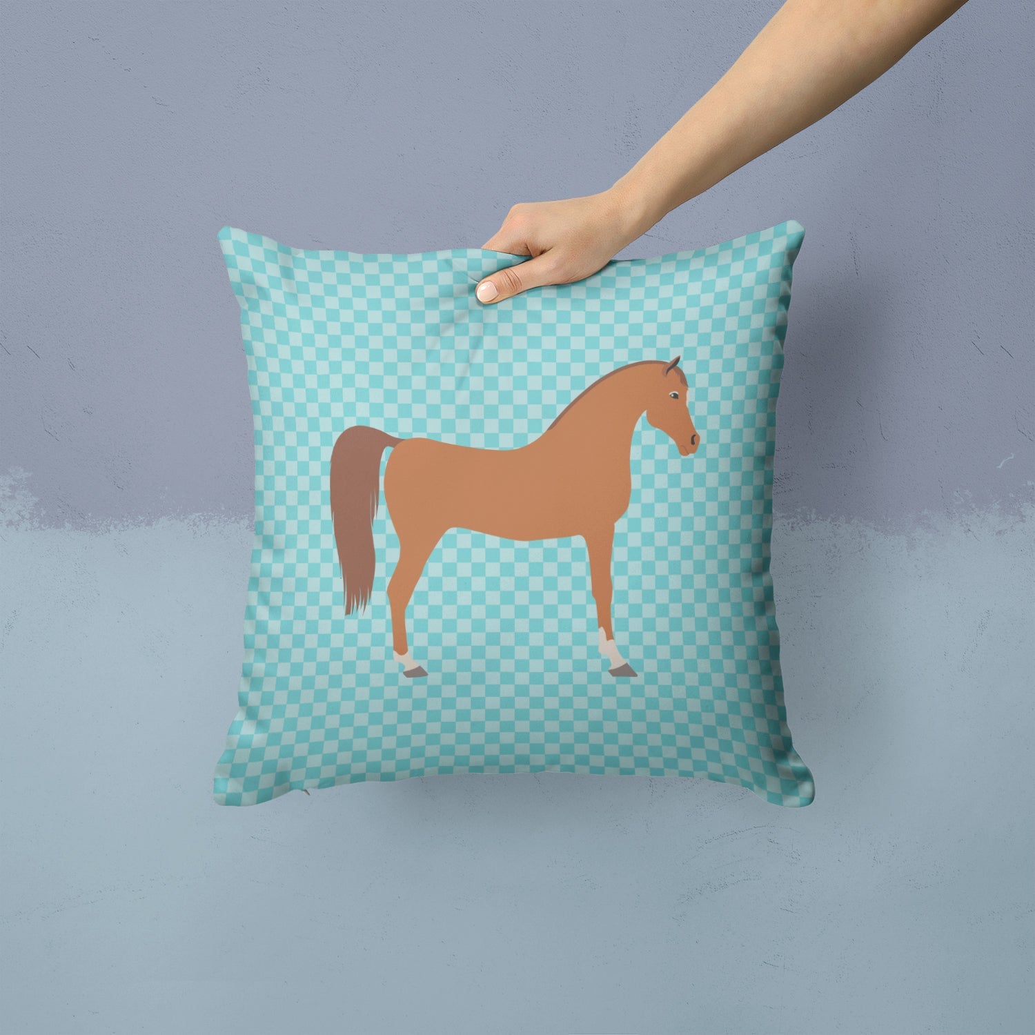 Arabian Horse Blue Check Decorative Throw Pillow 14x14 Indoor Outdoor Accent Cushion, Fabric Cover with Insert for Sofa, Bed, Porch & Living Room