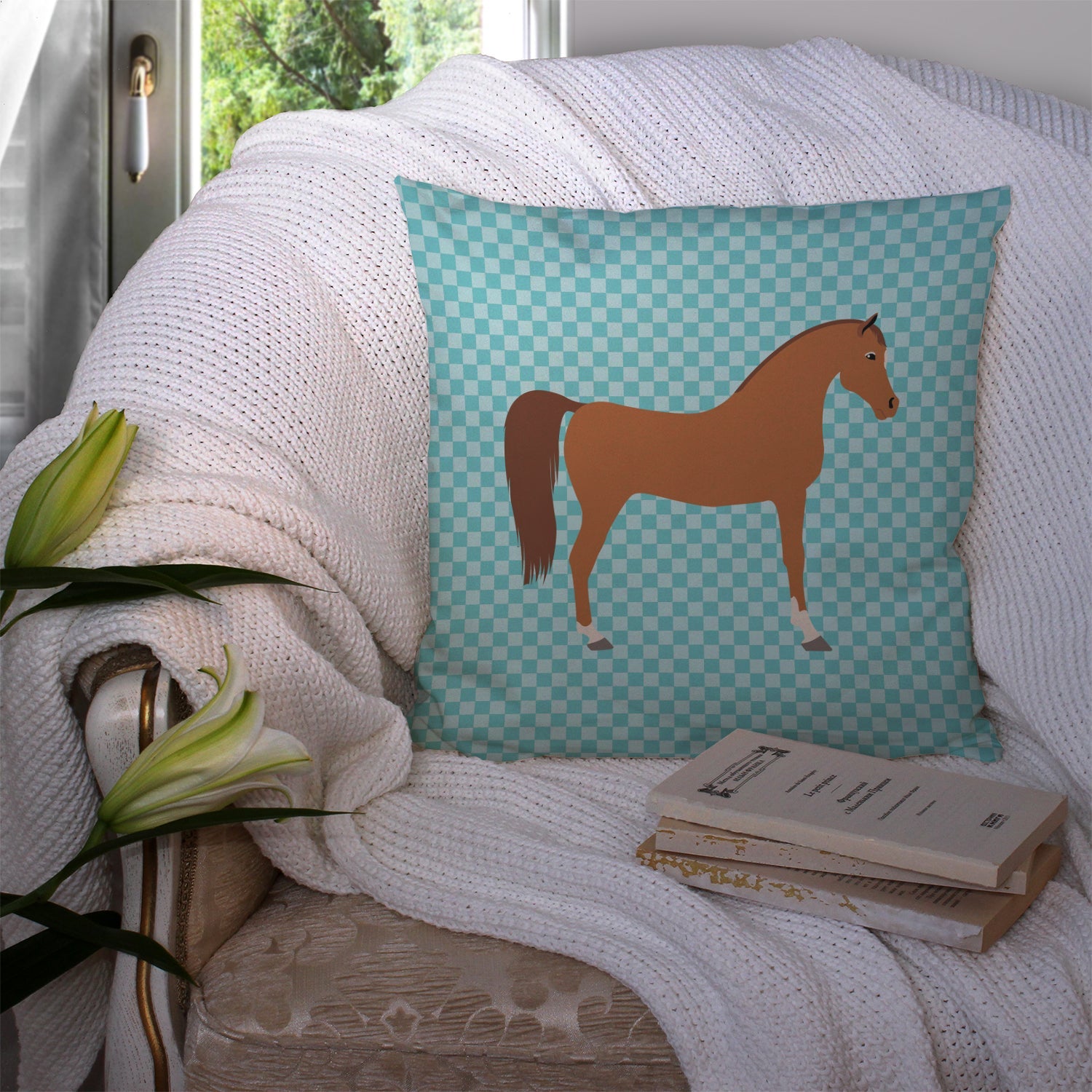 Arabian Horse Blue Check Decorative Throw Pillow 14x14 Indoor Outdoor Accent Cushion, Fabric Cover with Insert for Sofa, Bed, Porch & Living Room