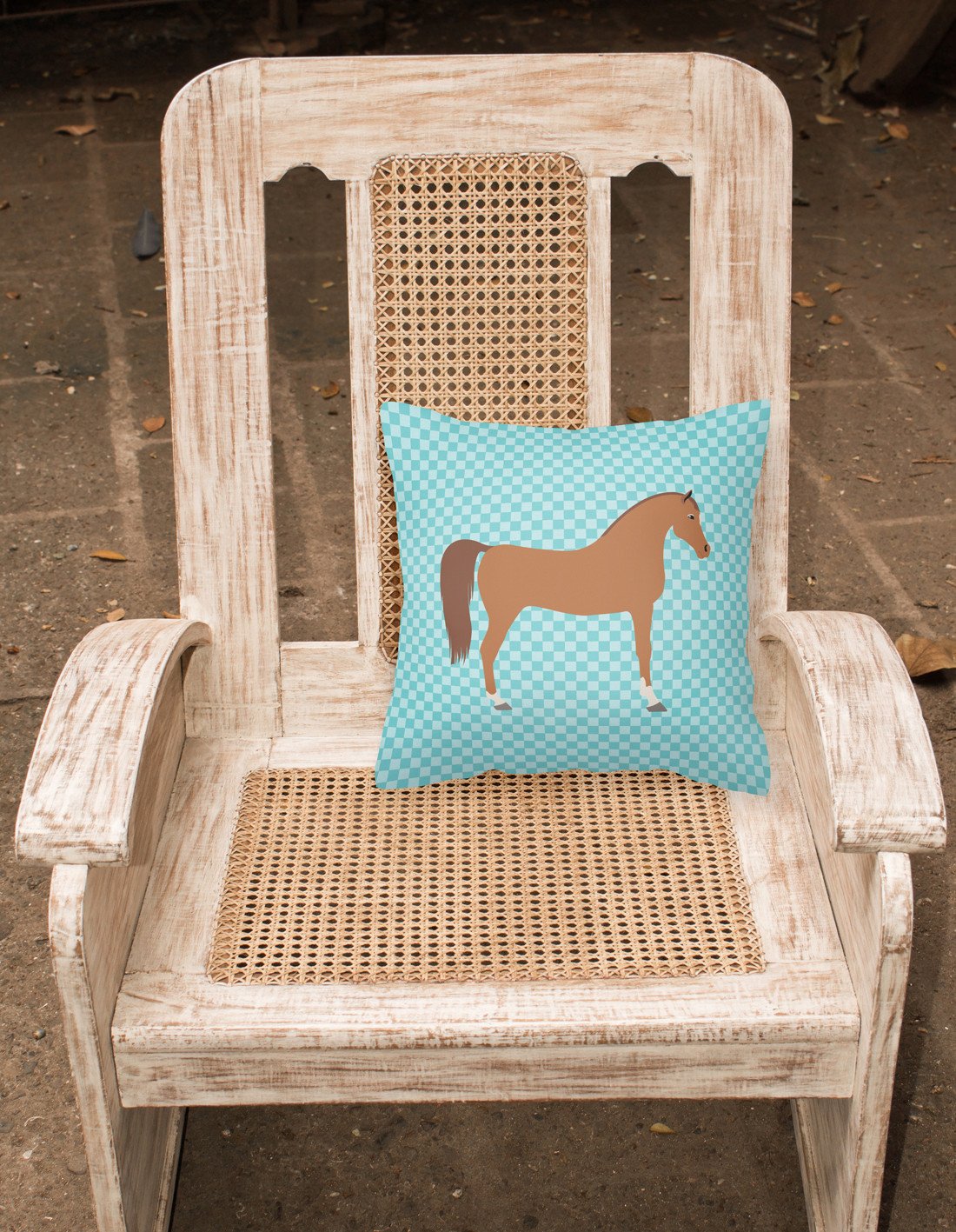 Arabian Horse Blue Check Decorative Throw Pillow 18x18 Indoor Outdoor Accent Cushion, Fabric Cover with Insert for Sofa, Bed, Porch & Living Room