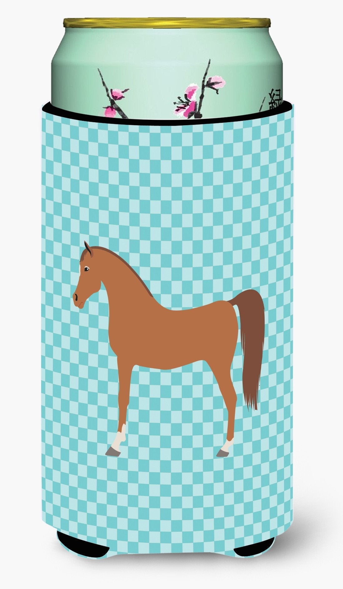 Arabian Horse Blue Check Tall Boy Hugger Can Cooler Sleeve Machine Washable Drink Collapsible Insulator Beverage Insulated Holder