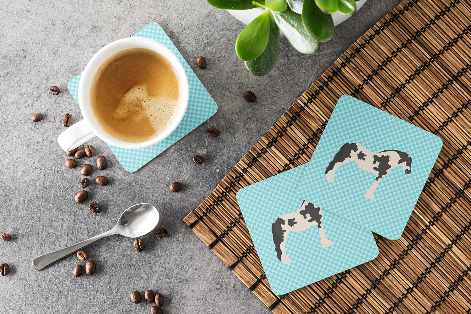Cyldesdale Horse Blue Check Foam Coasters Set of 4 Cup Coasters for Indoor Outdoor, Tabletop Protection, Anti Slip, Mouse pad Material
