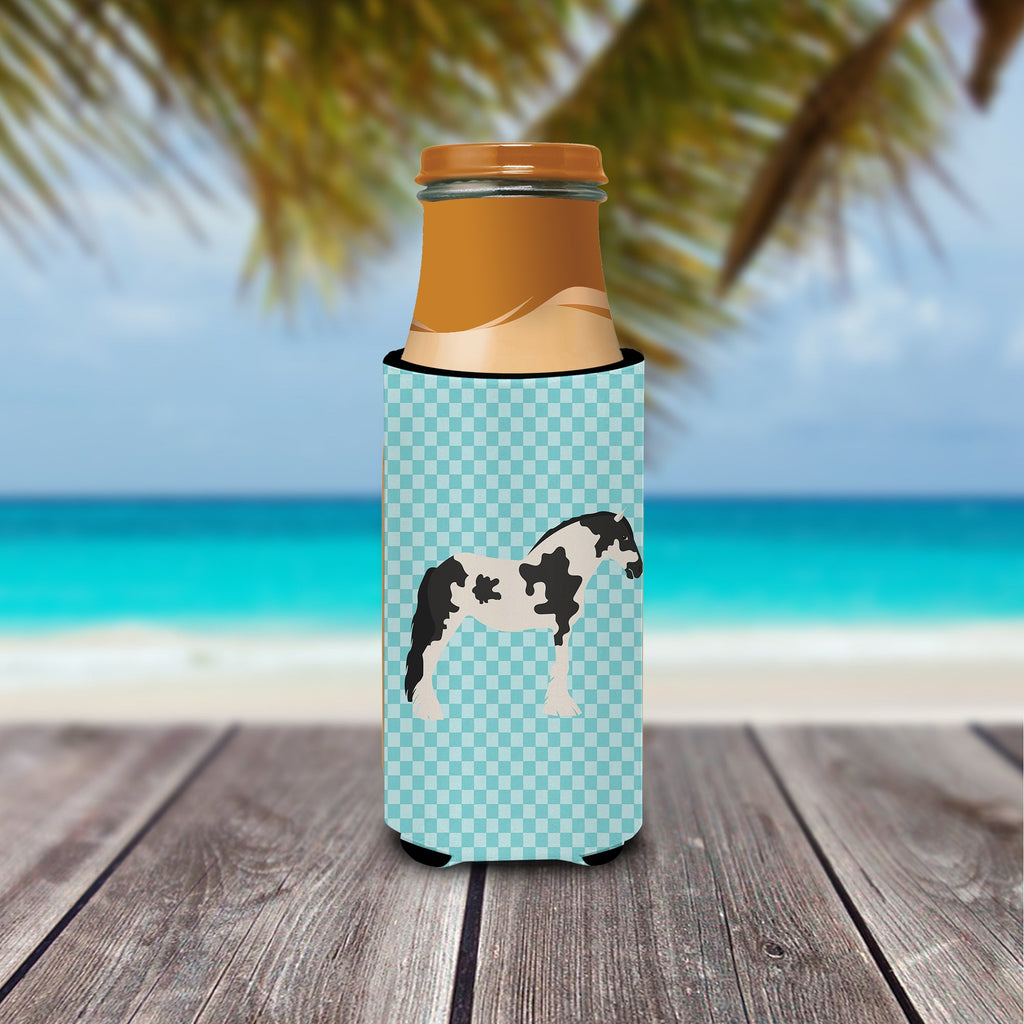 Cyldesdale Horse Blue Check Slim Can Hugger , Insulated Foam Hugger for 12 oz Slim Cans, Beer Bottles & Water Bottles, Printed in USA