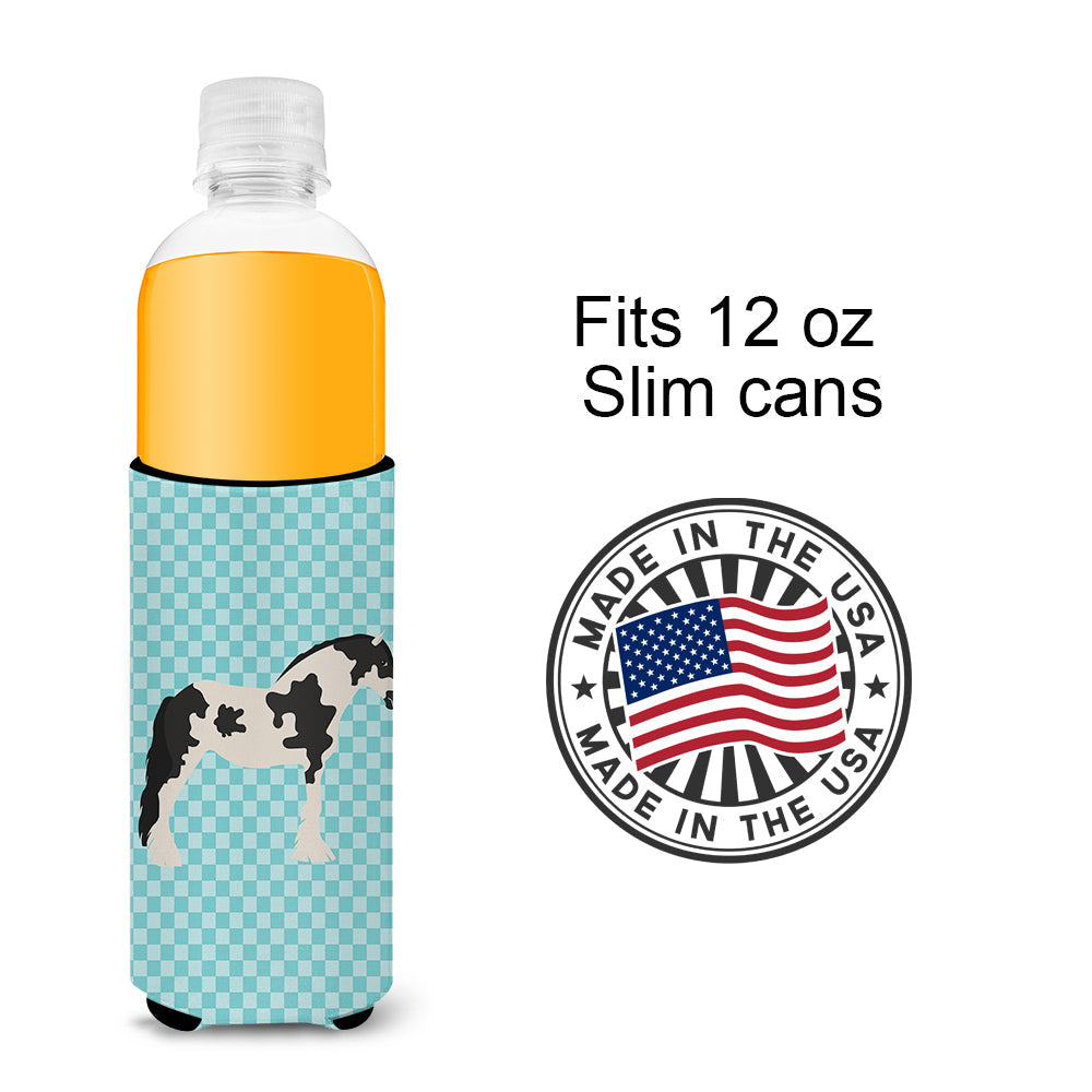 Cyldesdale Horse Blue Check Slim Can Hugger , Insulated Foam Hugger for 12 oz Slim Cans, Beer Bottles & Water Bottles, Printed in USA