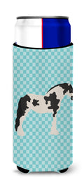 Cyldesdale Horse Blue Check Slim Can Hugger , Insulated Foam Hugger for 12 oz Slim Cans, Beer Bottles & Water Bottles, Printed in USA