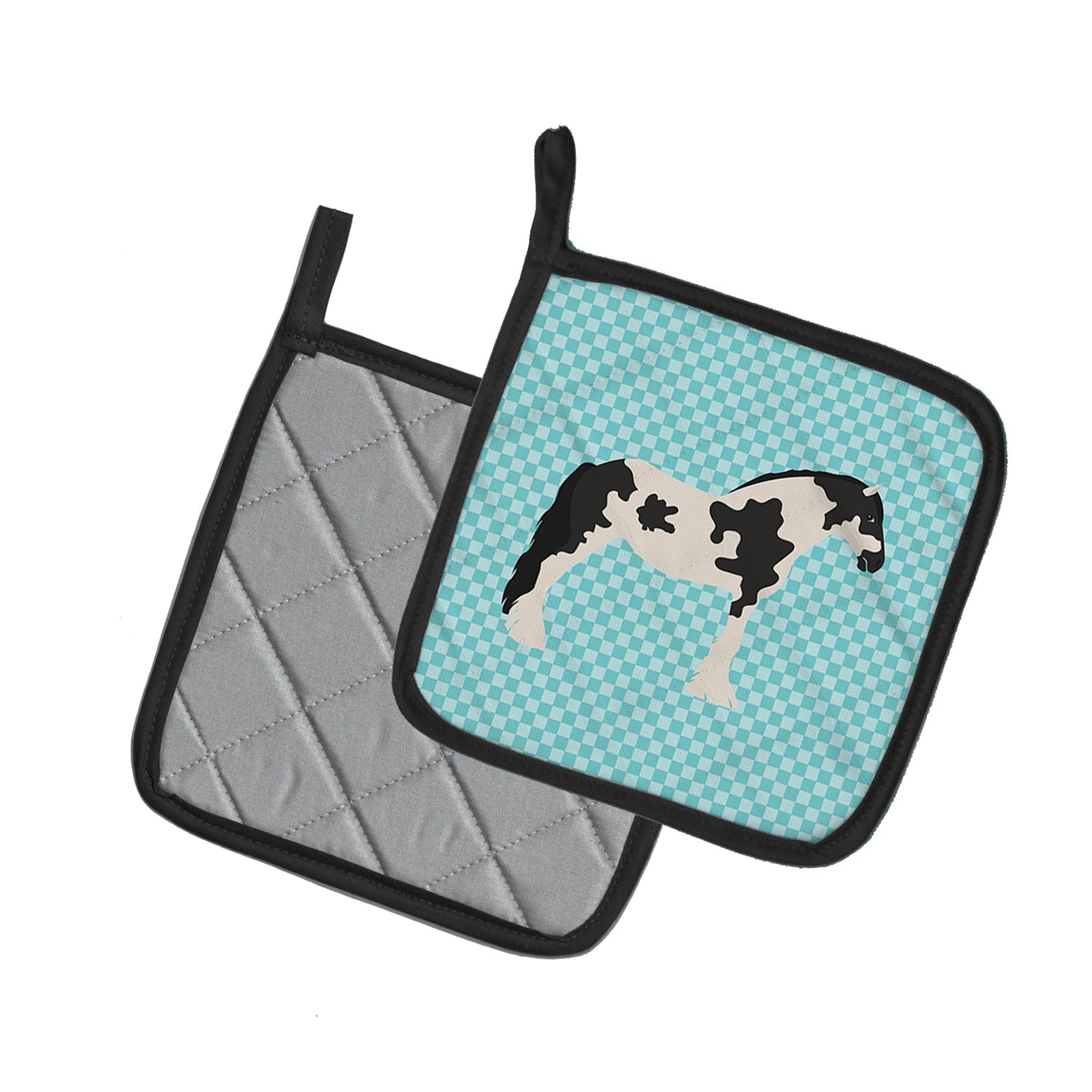 Cyldesdale Horse Blue Check Pot Holder Set of 2 Heat Resistant Quilted Hot Pads 7.5 x 7.5 Inch, Insulated Kitchen Trivets for Cooking & Baking