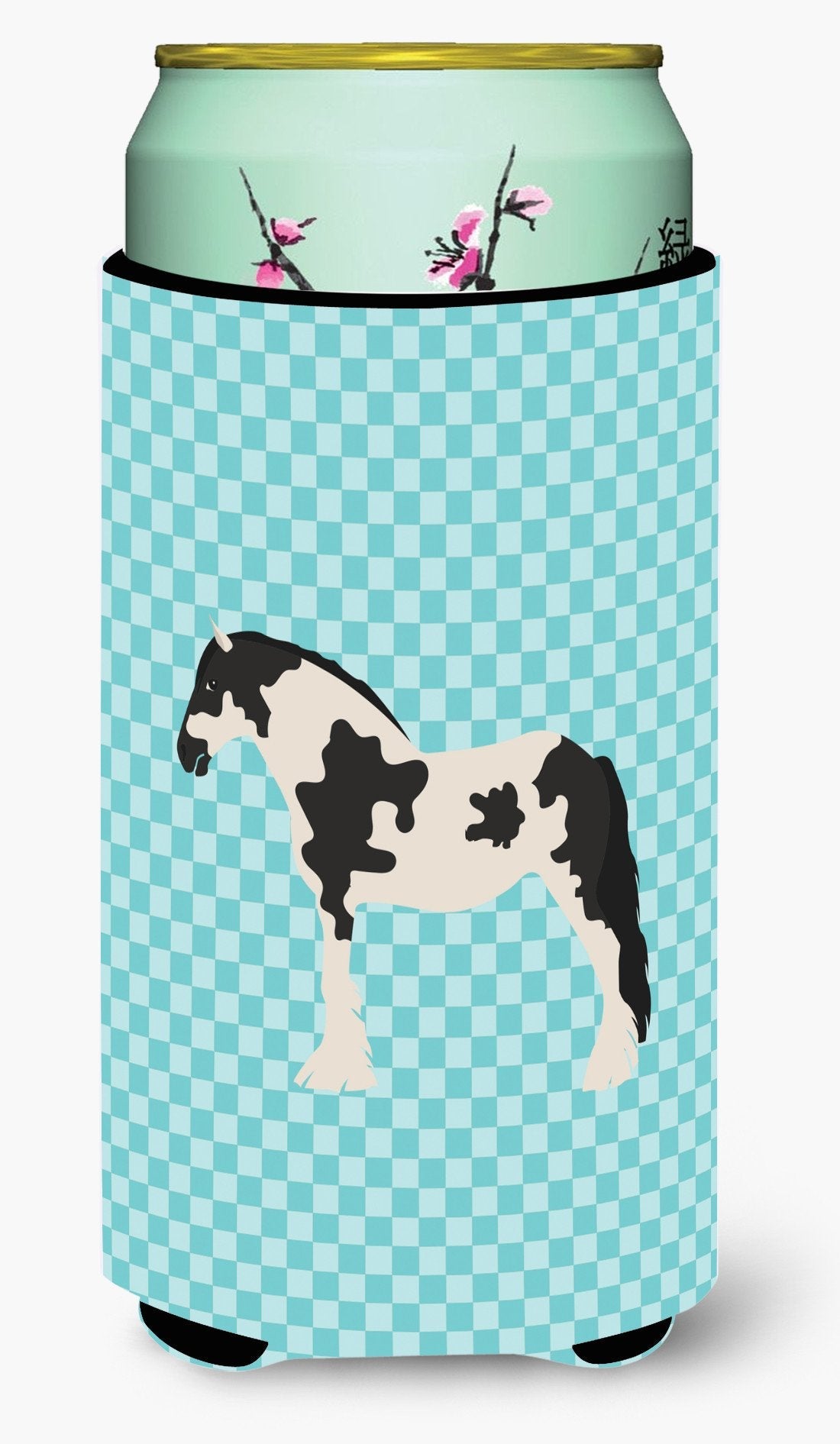 Cyldesdale Horse Blue Check Tall Boy Hugger Can Cooler Sleeve Machine Washable Drink Collapsible Insulator Beverage Insulated Holder
