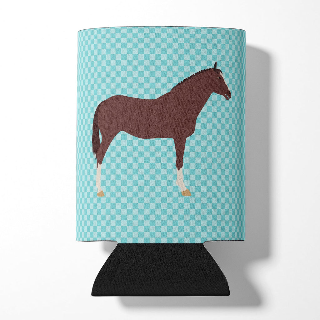 English Thoroughbred Horse Blue Check Can or Bottle Hugger Cooler Sleeve for Standard 12 oz Cans, Insulated Foam Beer & Soda Can Hugger Reusable