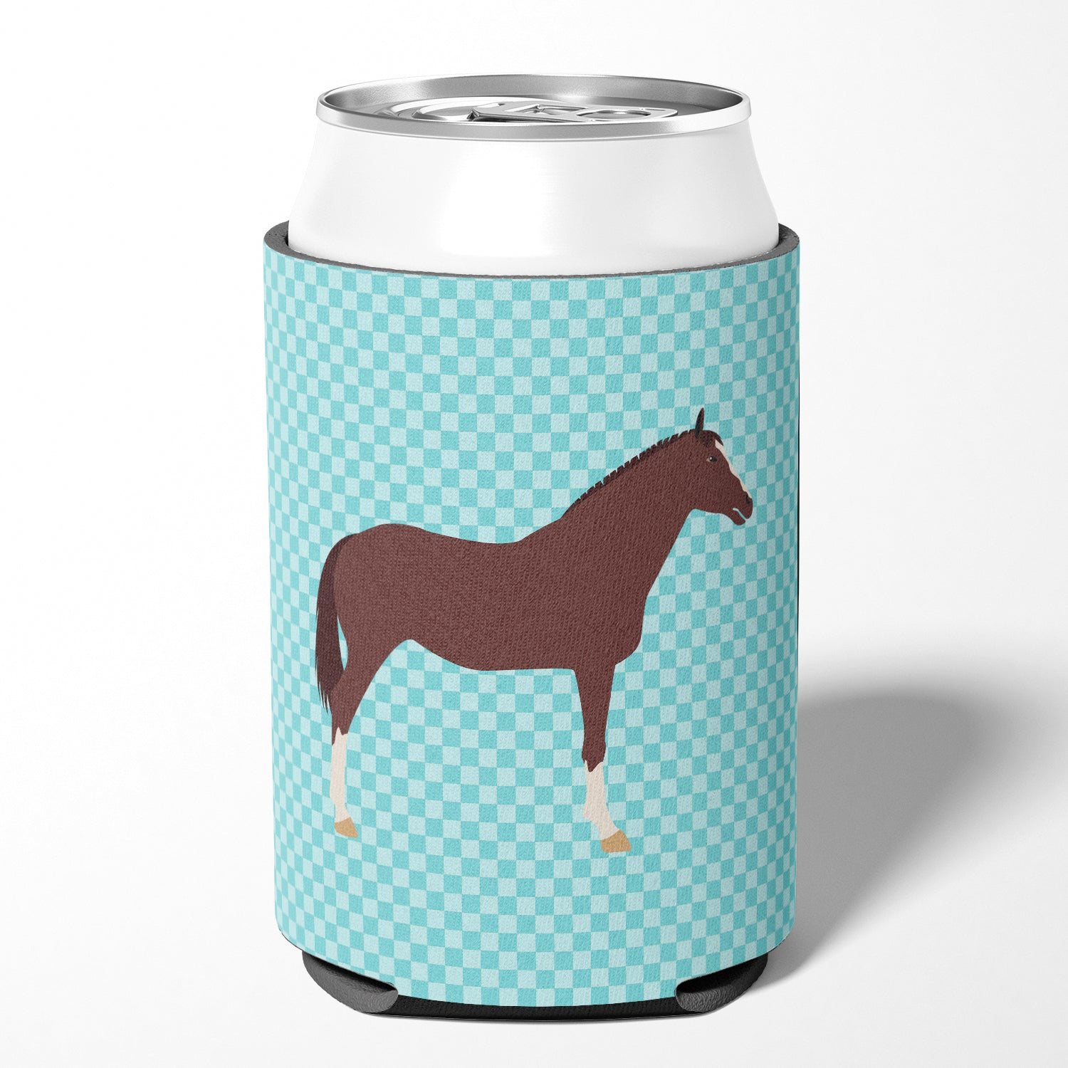English Thoroughbred Horse Blue Check Can or Bottle Hugger Cooler Sleeve for Standard 12 oz Cans, Insulated Foam Beer & Soda Can Hugger Reusable
