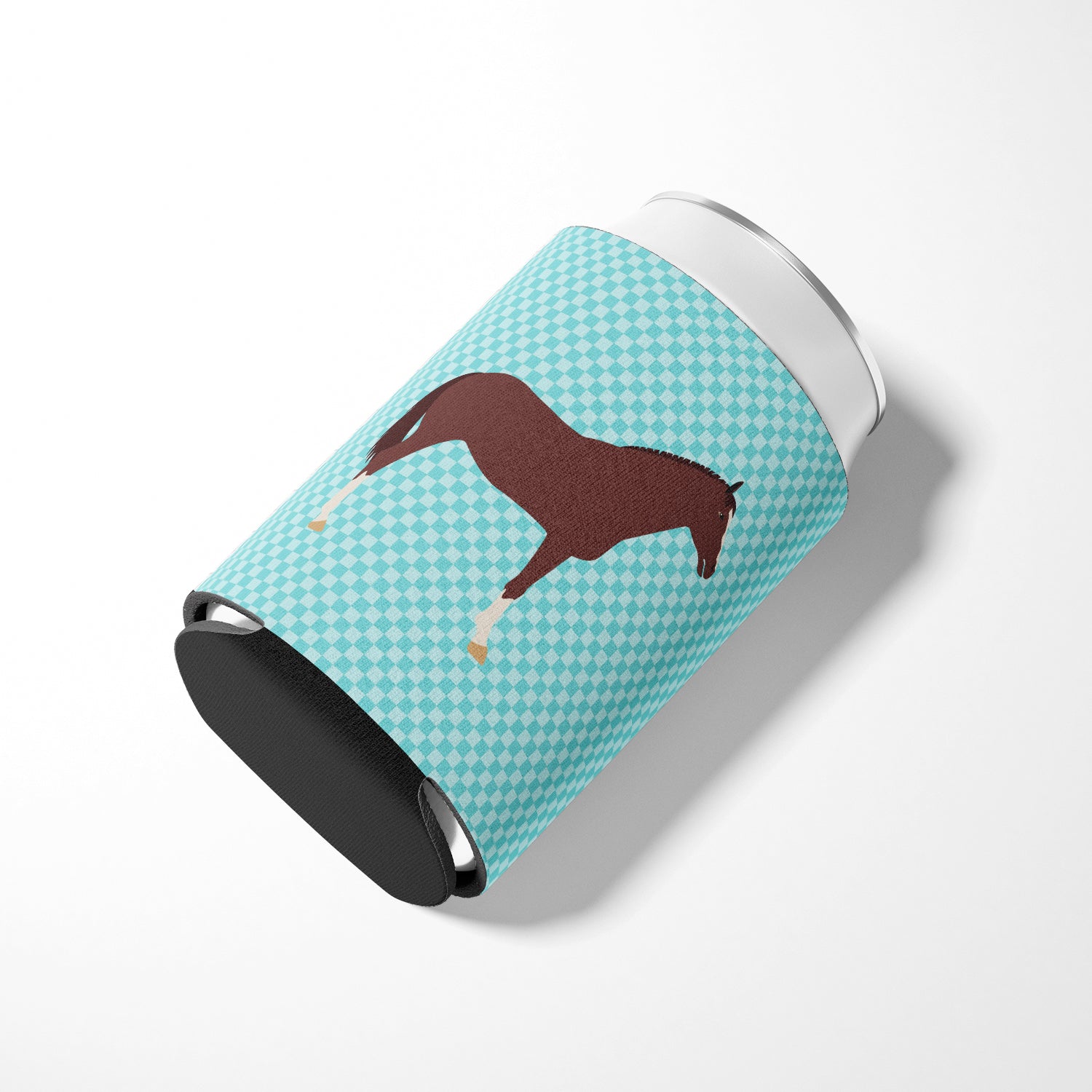 English Thoroughbred Horse Blue Check Can or Bottle Hugger Cooler Sleeve for Standard 12 oz Cans, Insulated Foam Beer & Soda Can Hugger Reusable