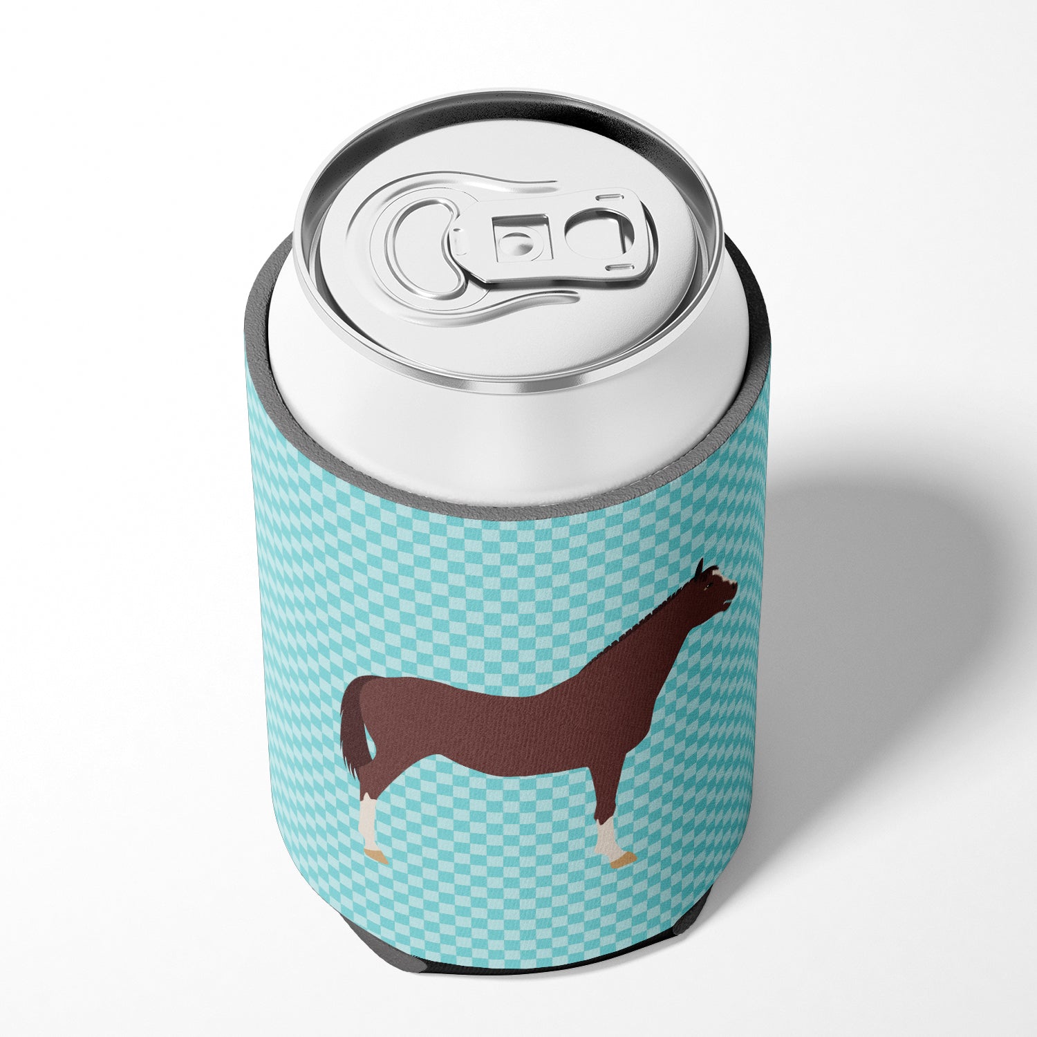 English Thoroughbred Horse Blue Check Can or Bottle Hugger Cooler Sleeve for Standard 12 oz Cans, Insulated Foam Beer & Soda Can Hugger Reusable