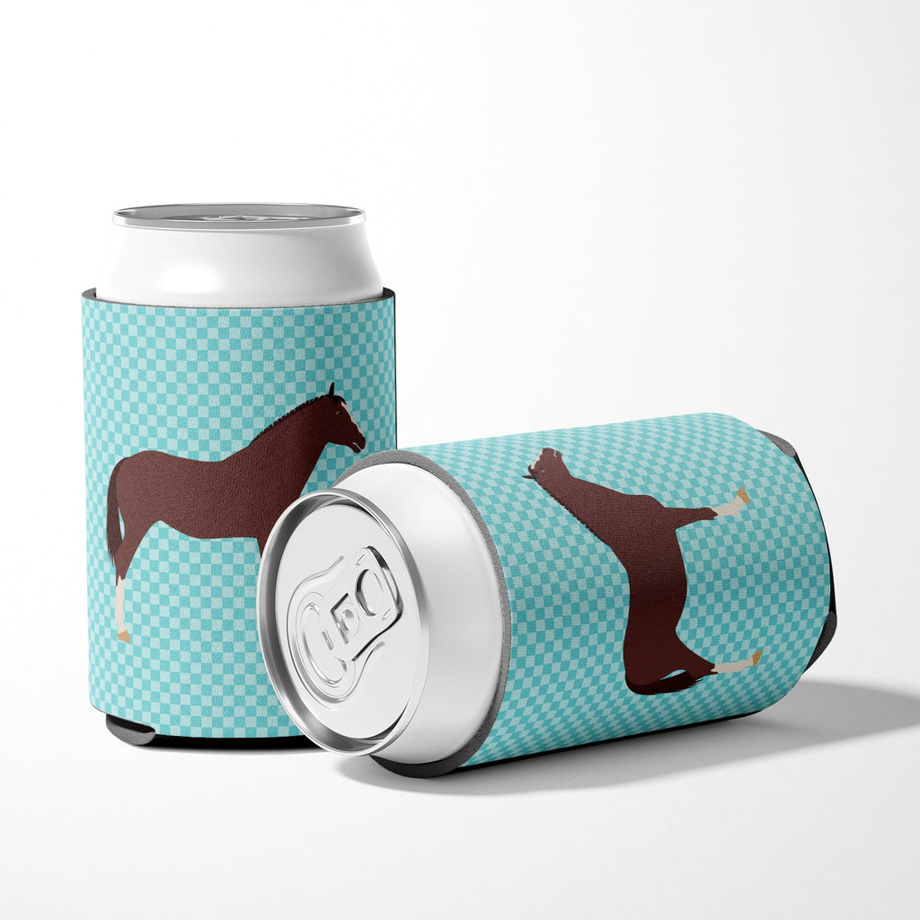 English Thoroughbred Horse Blue Check Can or Bottle Hugger Cooler Sleeve for Standard 12 oz Cans, Insulated Foam Beer & Soda Can Hugger Reusable