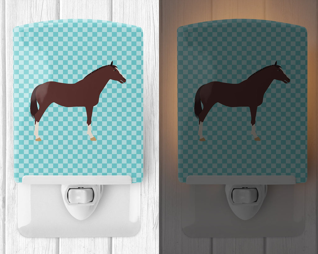 English Thoroughbred Horse Blue Check Ceramic Night Light Compact, UL-Certified, Ideal for Bedroom, Bathroom, Nursery, Hallway, Kitchen, 6x4x3, Multicolor