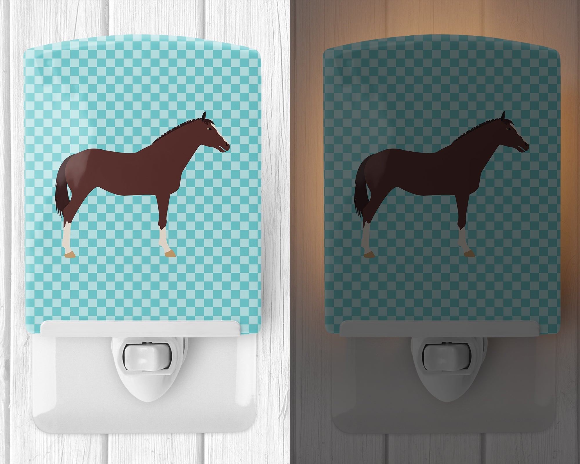 English Thoroughbred Horse Blue Check Ceramic Night Light Compact, UL-Certified, Ideal for Bedroom, Bathroom, Nursery, Hallway, Kitchen, 6x4x3, Multicolor