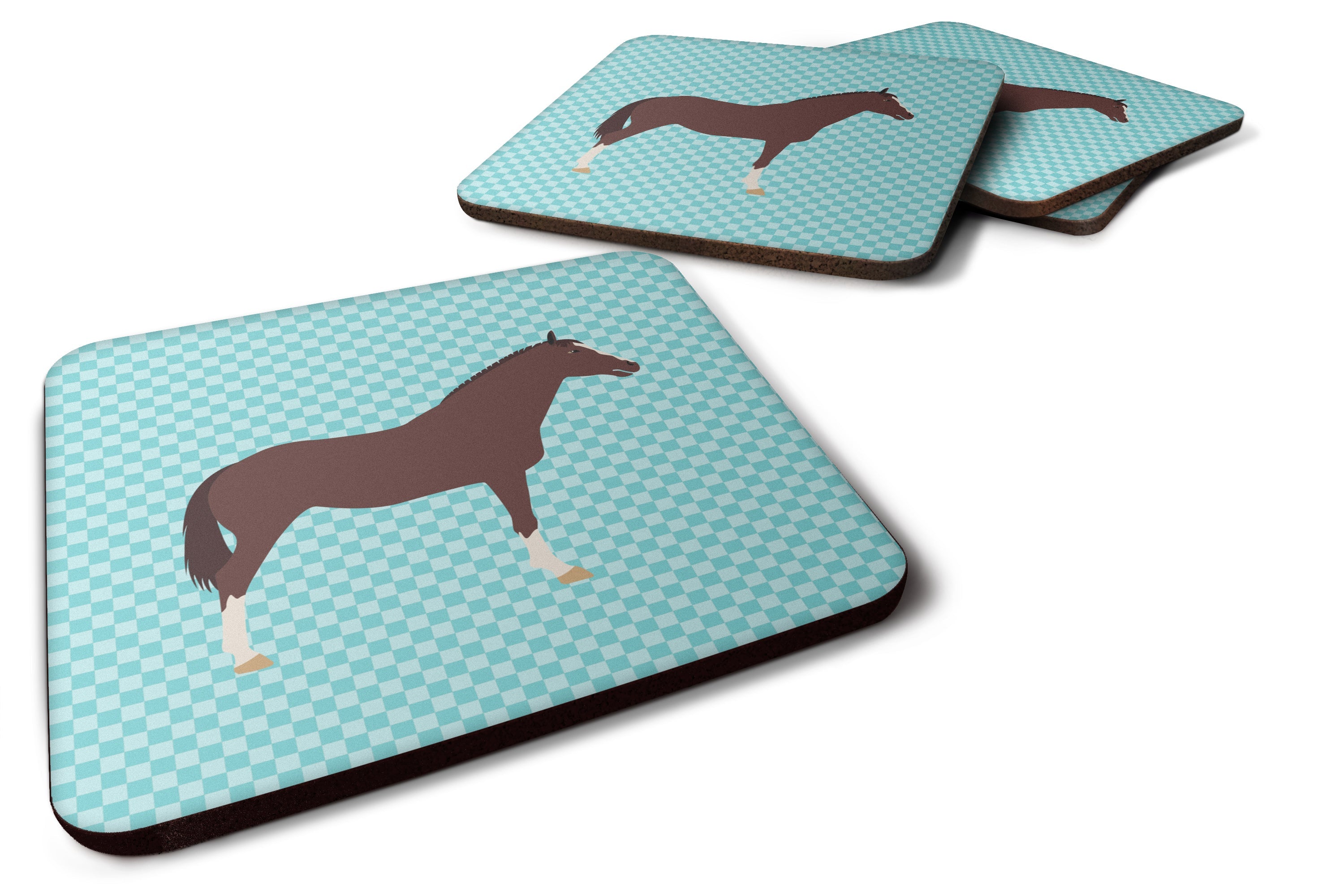 English Thoroughbred Horse Blue Check Foam Coasters Set of 4 Cup Coasters for Indoor Outdoor, Tabletop Protection, Anti Slip, Mouse pad Material