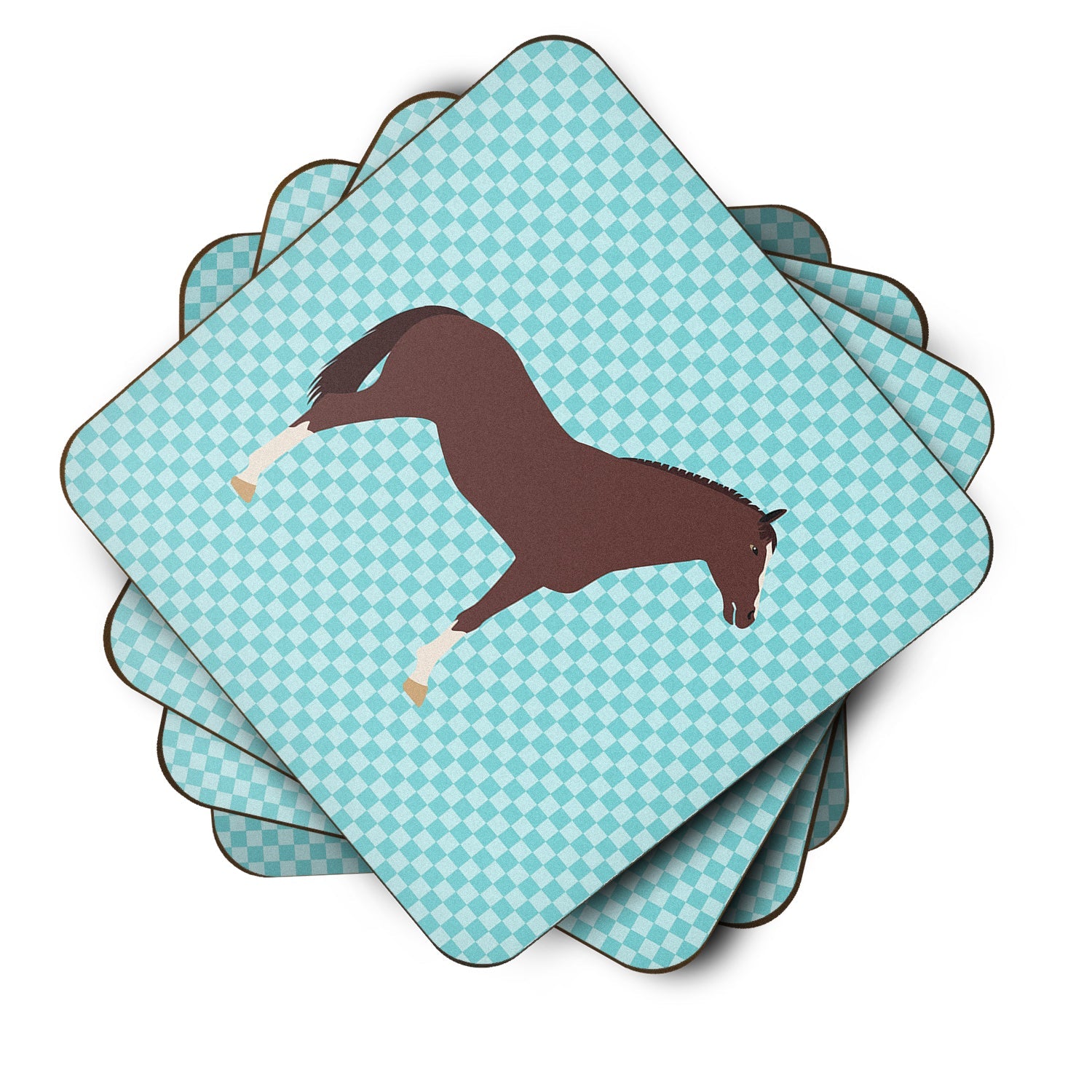 English Thoroughbred Horse Blue Check Foam Coasters Set of 4 Cup Coasters for Indoor Outdoor, Tabletop Protection, Anti Slip, Mouse pad Material