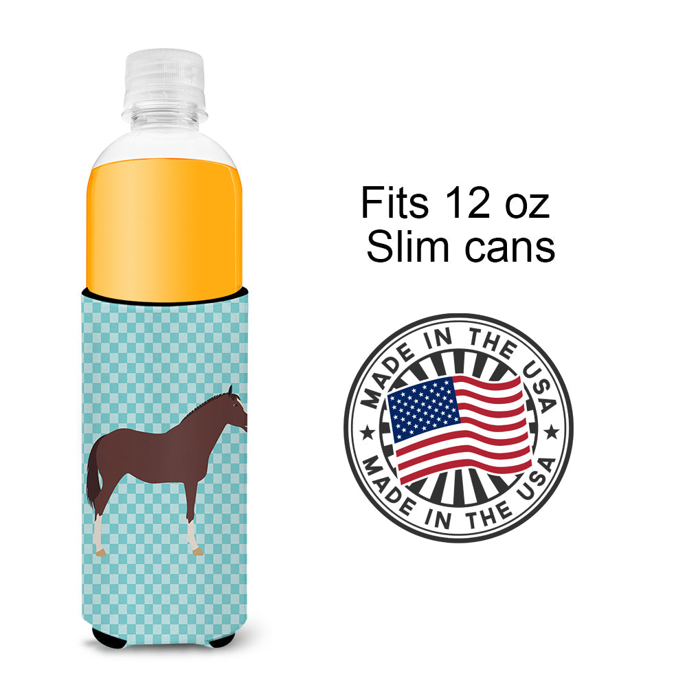 English Thoroughbred Horse Blue Check Slim Can Hugger , Insulated Foam Hugger for 12 oz Slim Cans, Beer Bottles & Water Bottles, Printed in USA