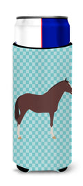 English Thoroughbred Horse Blue Check Slim Can Hugger , Insulated Foam Hugger for 12 oz Slim Cans, Beer Bottles & Water Bottles, Printed in USA