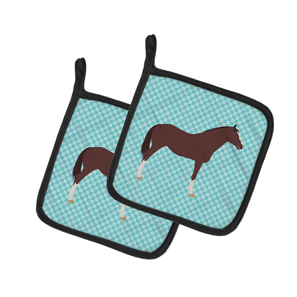 English Thoroughbred Horse Blue Check Pot Holder Set of 2 Heat Resistant Quilted Hot Pads 7.5 x 7.5 Inch, Insulated Kitchen Trivets for Cooking & Baking