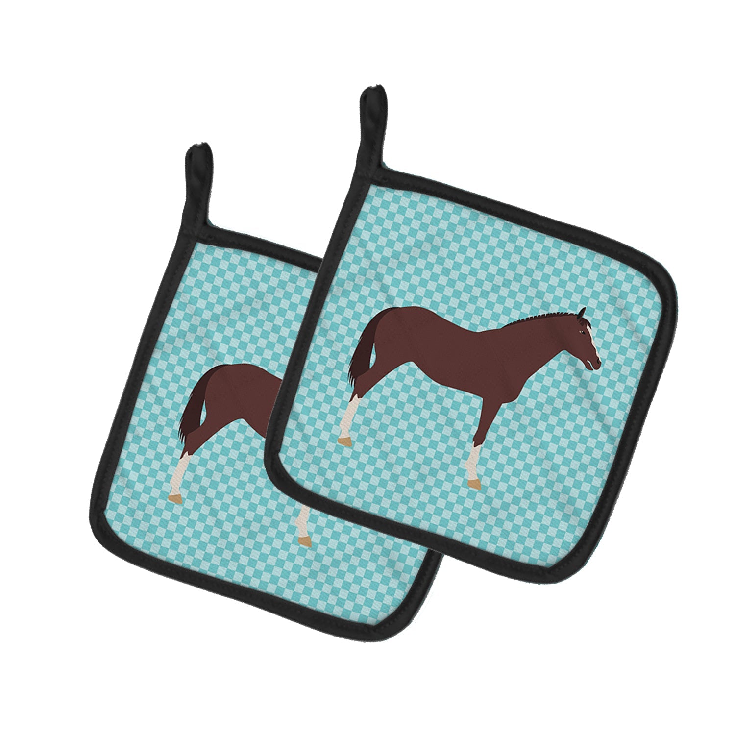 English Thoroughbred Horse Blue Check Pot Holder Set of 2 Heat Resistant Quilted Hot Pads 7.5 x 7.5 Inch, Insulated Kitchen Trivets for Cooking & Baking