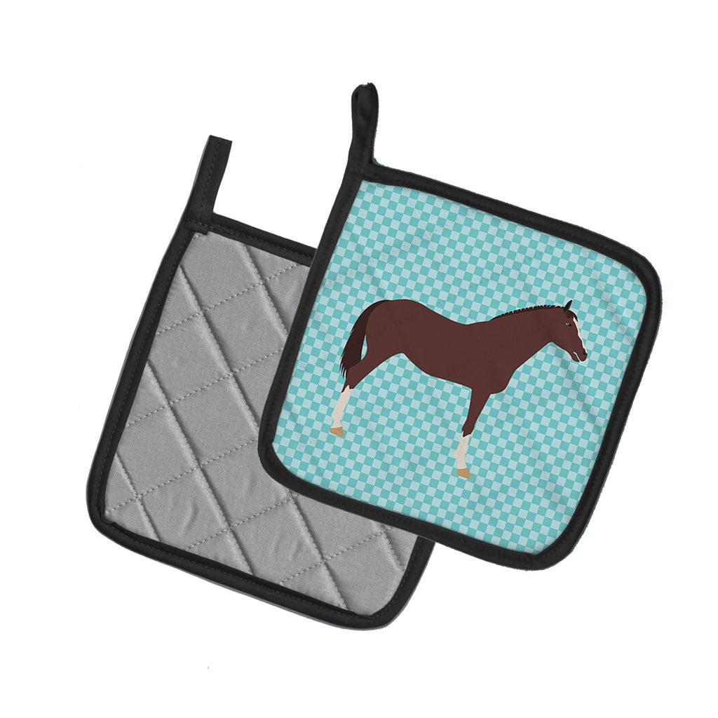 English Thoroughbred Horse Blue Check Pot Holder Set of 2 Heat Resistant Quilted Hot Pads 7.5 x 7.5 Inch, Insulated Kitchen Trivets for Cooking & Baking