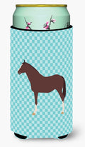 English Thoroughbred Horse Blue Check Tall Boy Hugger Can Cooler Sleeve Machine Washable Drink Collapsible Insulator Beverage Insulated Holder