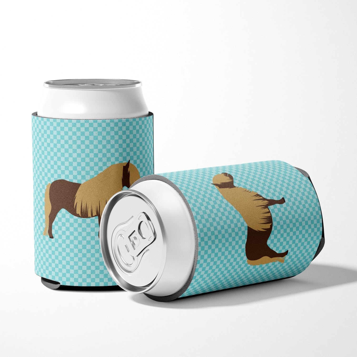 Shetland Pony Horse Blue Check Can or Bottle Hugger Cooler Sleeve for Standard 12 oz Cans, Insulated Foam Beer & Soda Can Hugger Reusable