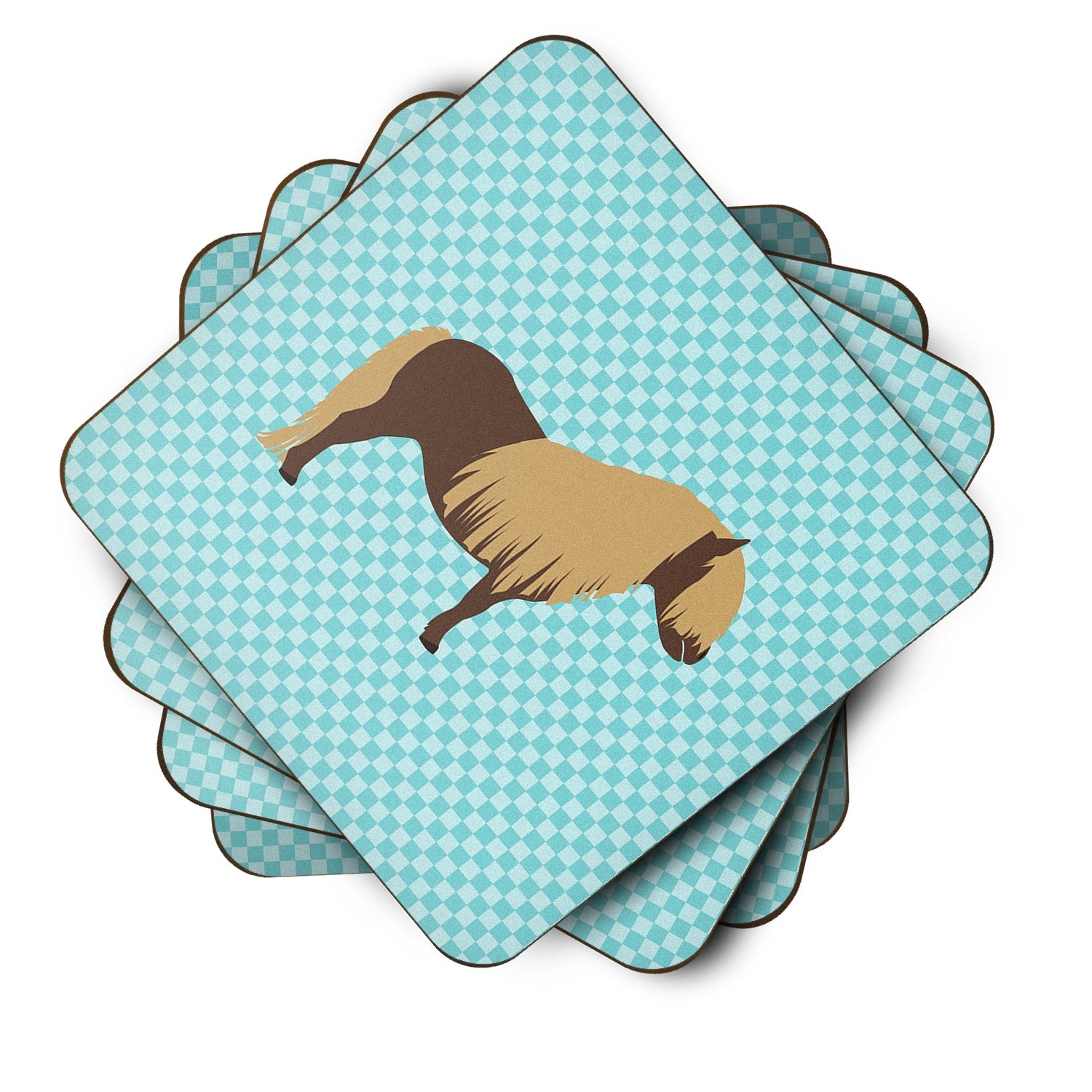 Shetland Pony Horse Blue Check Foam Coasters Set of 4 Cup Coasters for Indoor Outdoor, Tabletop Protection, Anti Slip, Mouse pad Material