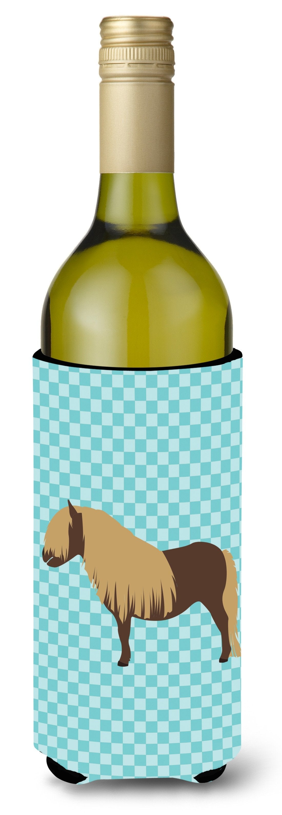 Shetland Pony Horse Blue Check Wine Bottle Hugger Gift Sleeve for Standard 750 ml Bottles, Insulated Reusable Also Fits Mini Shot & Pint Bottles