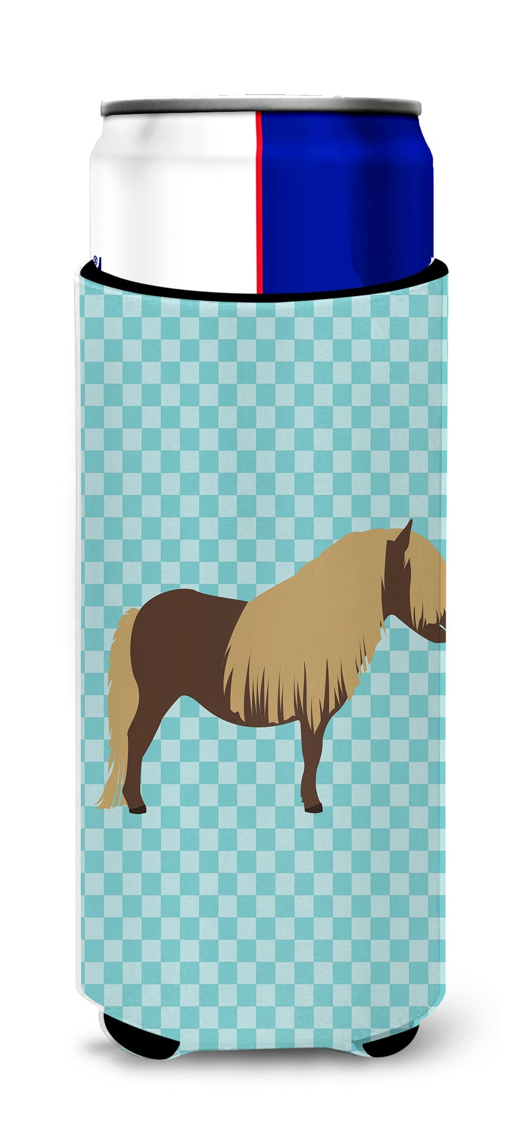 Shetland Pony Horse Blue Check Slim Can Hugger , Insulated Foam Hugger for 12 oz Slim Cans, Beer Bottles & Water Bottles, Printed in USA