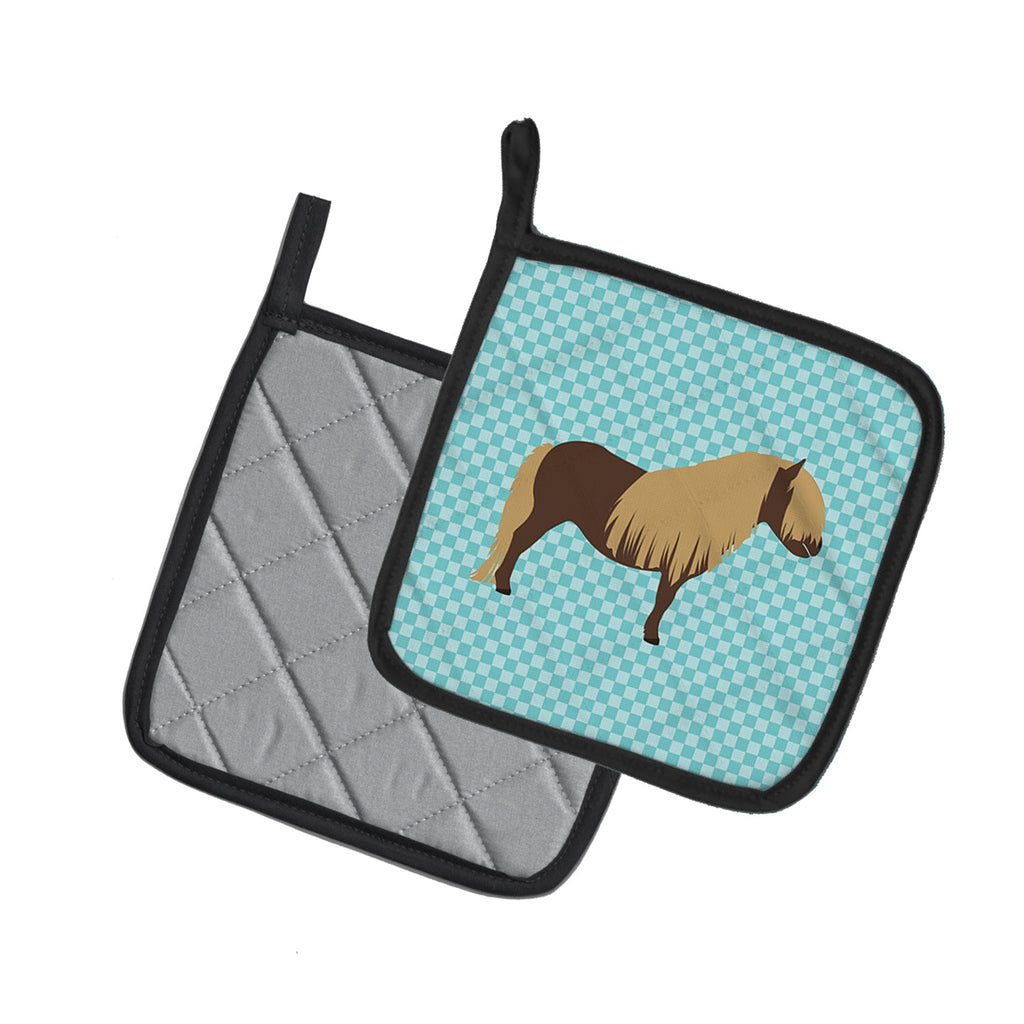 Shetland Pony Horse Blue Check Pot Holder Set of 2 Heat Resistant Quilted Hot Pads 7.5 x 7.5 Inch, Insulated Kitchen Trivets for Cooking & Baking