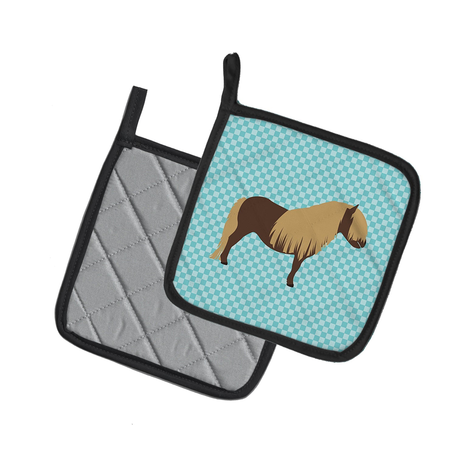 Shetland Pony Horse Blue Check Pot Holder Set of 2 Heat Resistant Quilted Hot Pads 7.5 x 7.5 Inch, Insulated Kitchen Trivets for Cooking & Baking