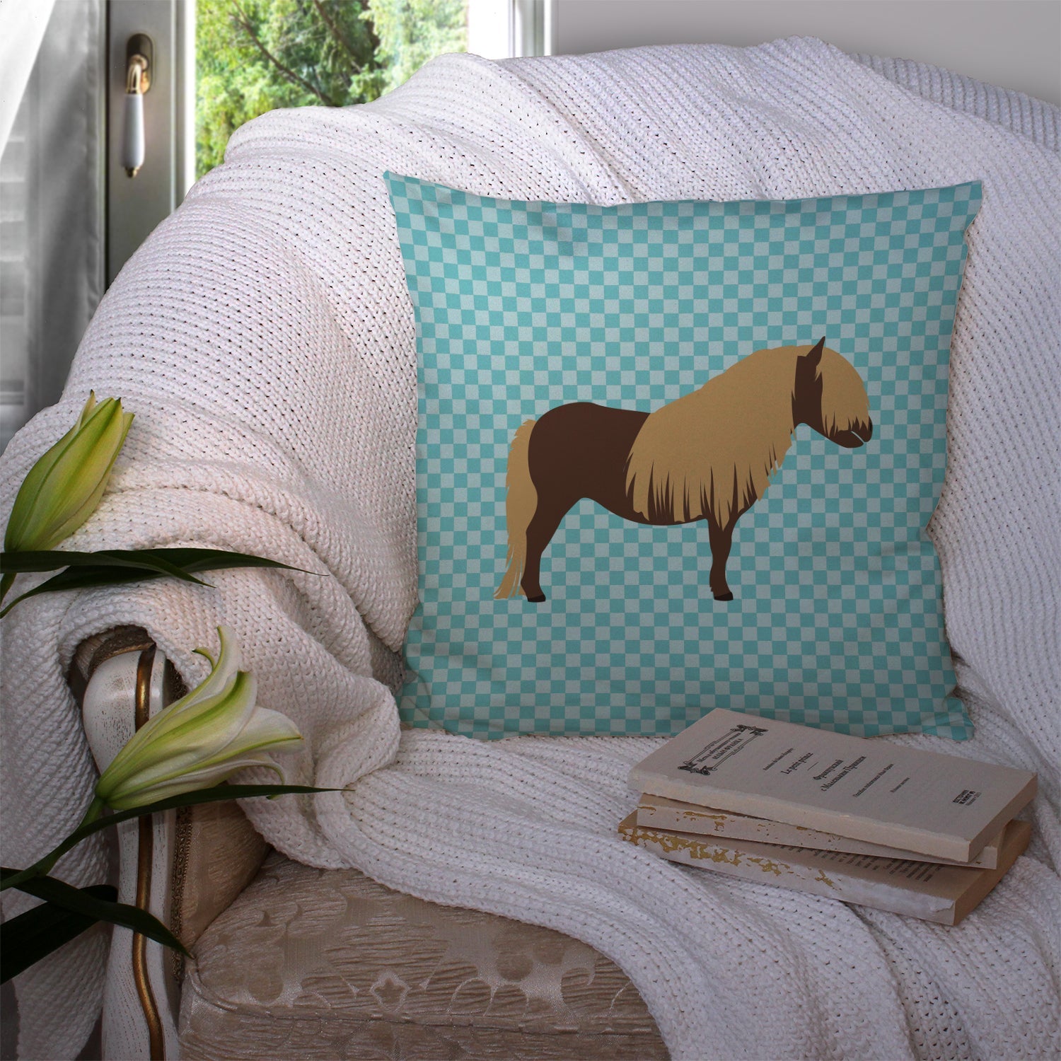Shetland Pony Horse Blue Check Decorative Throw Pillow 14x14 Indoor Outdoor Accent Cushion, Fabric Cover with Insert for Sofa, Bed, Porch & Living Room