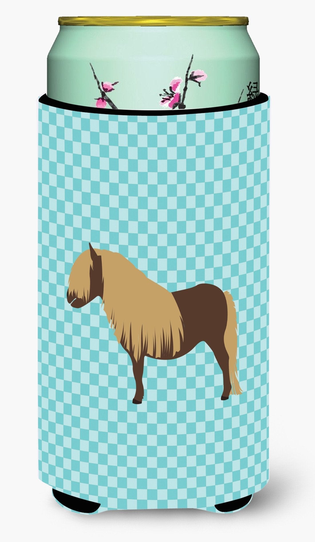 Shetland Pony Horse Blue Check Tall Boy Hugger Can Cooler Sleeve Machine Washable Drink Collapsible Insulator Beverage Insulated Holder