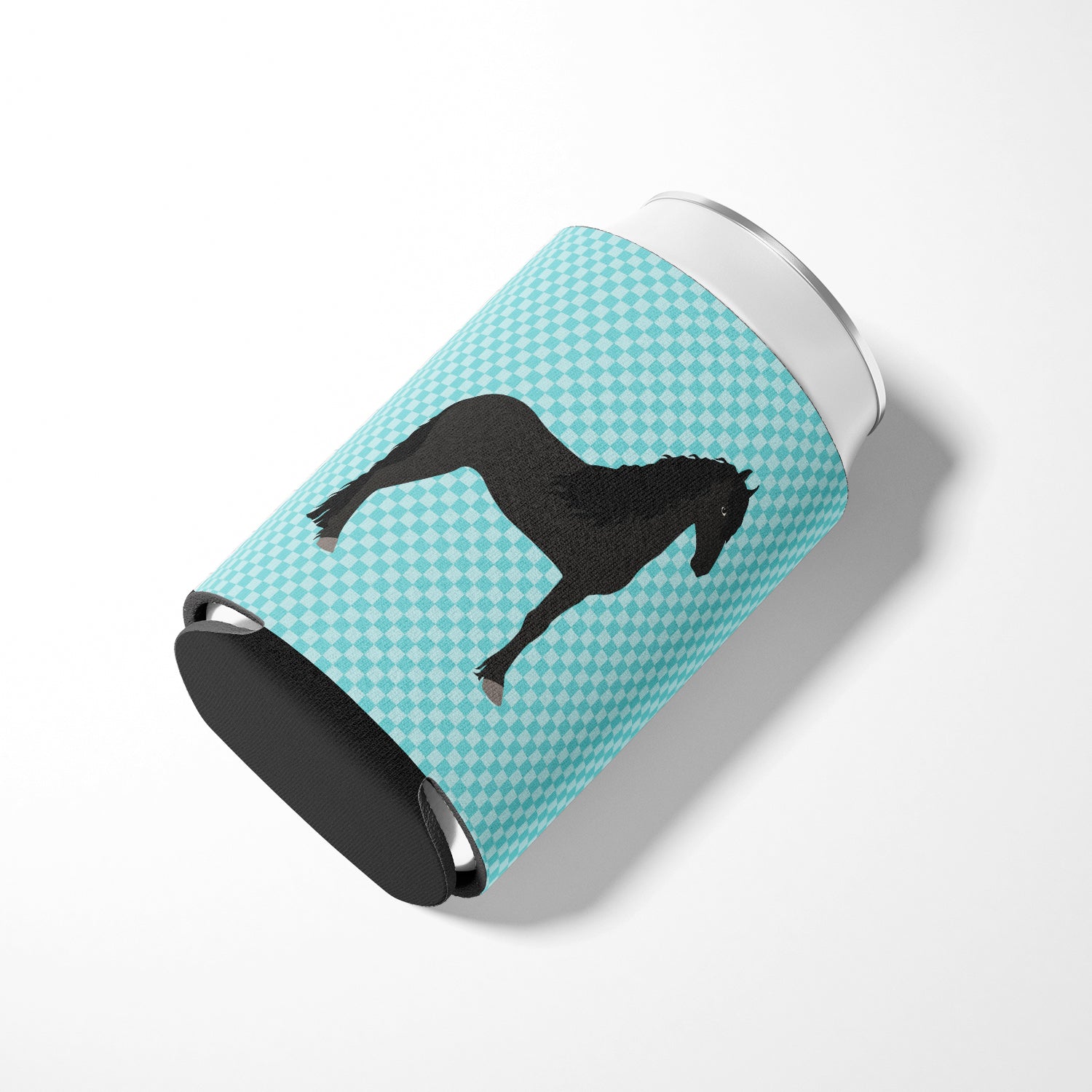 Friesian Horse Blue Check Can or Bottle Hugger Cooler Sleeve for Standard 12 oz Cans, Insulated Foam Beer & Soda Can Hugger Reusable