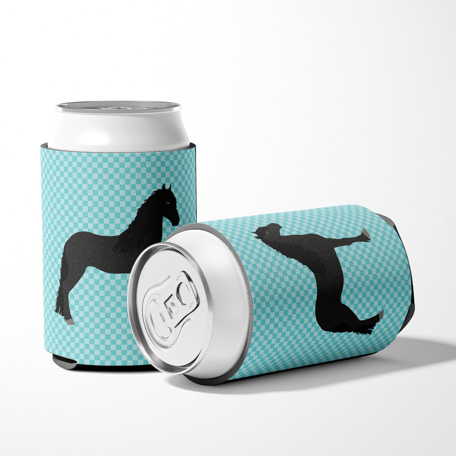 Friesian Horse Blue Check Can or Bottle Hugger Cooler Sleeve for Standard 12 oz Cans, Insulated Foam Beer & Soda Can Hugger Reusable