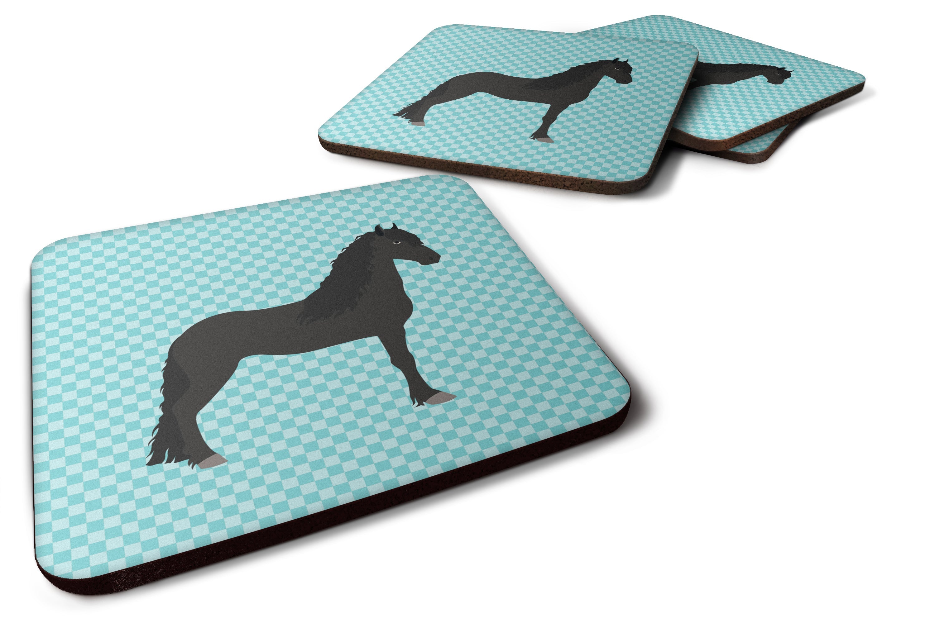 Friesian Horse Blue Check Foam Coasters Set of 4 Cup Coasters for Indoor Outdoor, Tabletop Protection, Anti Slip, Mouse pad Material