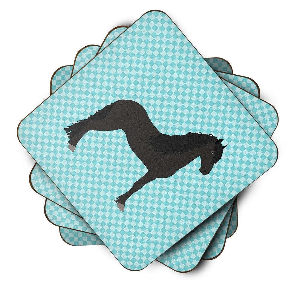 Friesian Horse Blue Check Foam Coasters Set of 4 Cup Coasters for Indoor Outdoor, Tabletop Protection, Anti Slip, Mouse pad Material