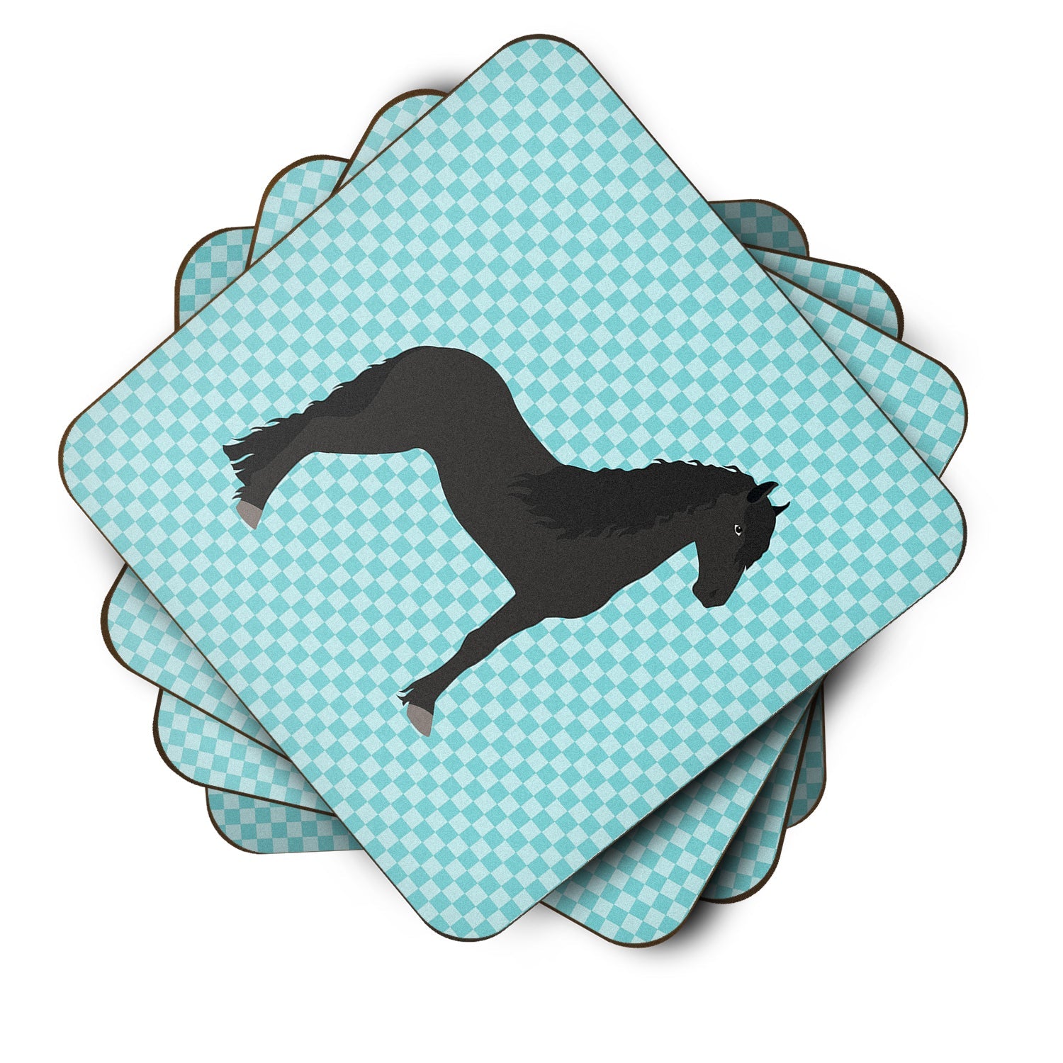 Friesian Horse Blue Check Foam Coasters Set of 4 Cup Coasters for Indoor Outdoor, Tabletop Protection, Anti Slip, Mouse pad Material
