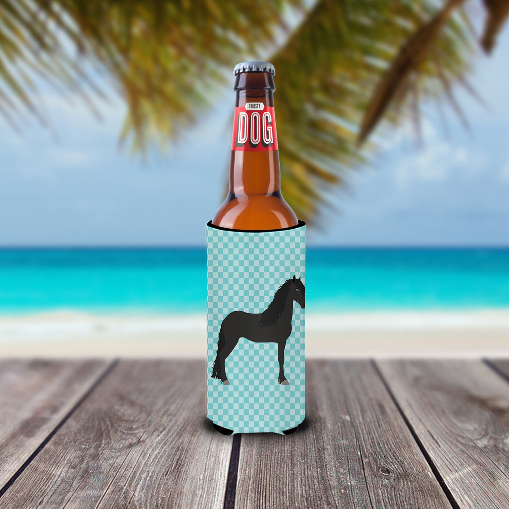 Friesian Horse Blue Check Slim Can Hugger , Insulated Foam Hugger for 12 oz Slim Cans, Beer Bottles & Water Bottles, Printed in USA