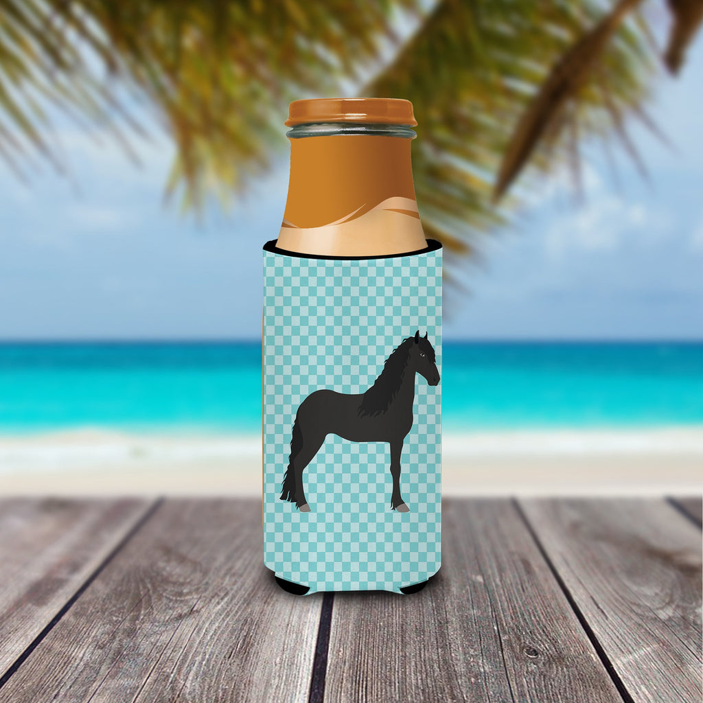 Friesian Horse Blue Check Slim Can Hugger , Insulated Foam Hugger for 12 oz Slim Cans, Beer Bottles & Water Bottles, Printed in USA