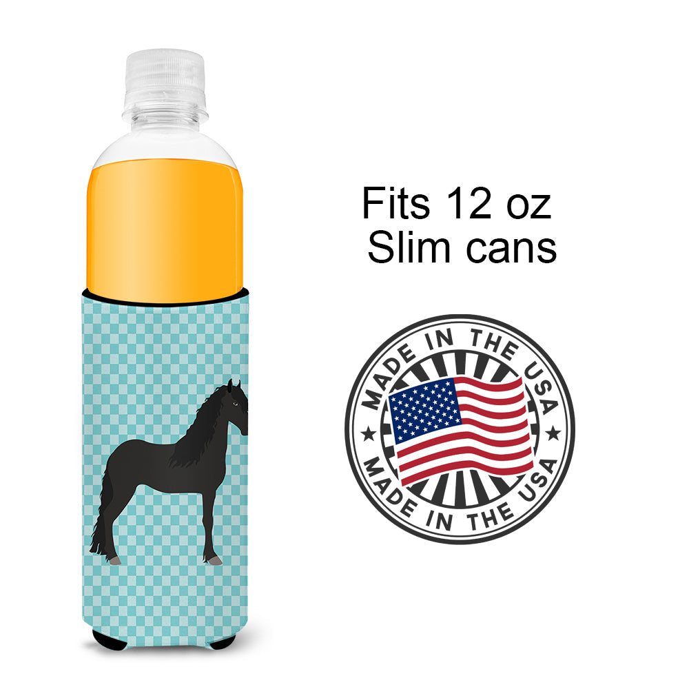 Friesian Horse Blue Check Slim Can Hugger , Insulated Foam Hugger for 12 oz Slim Cans, Beer Bottles & Water Bottles, Printed in USA