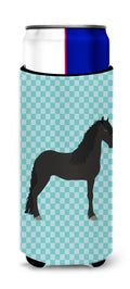 Friesian Horse Blue Check Slim Can Hugger , Insulated Foam Hugger for 12 oz Slim Cans, Beer Bottles & Water Bottles, Printed in USA