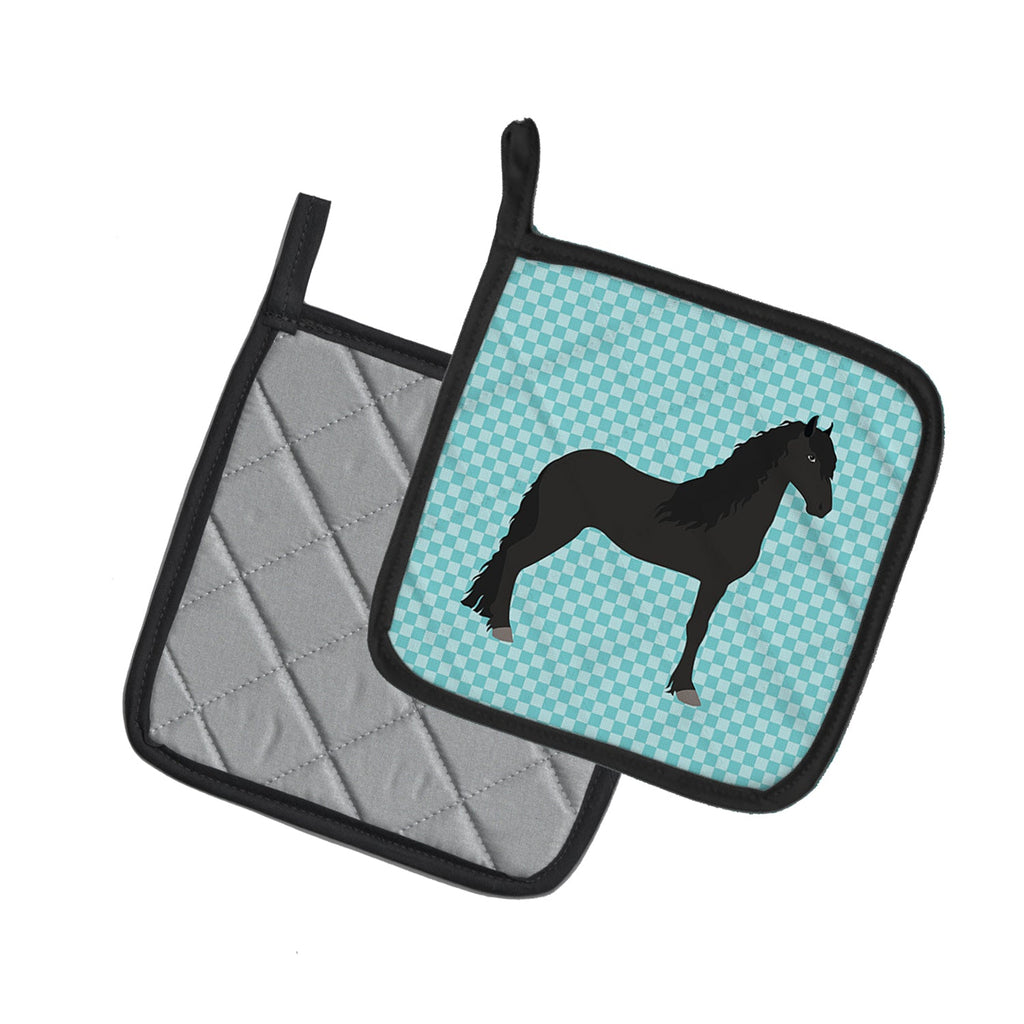 Friesian Horse Blue Check Pot Holder Set of 2 Heat Resistant Quilted Hot Pads 7.5 x 7.5 Inch, Insulated Kitchen Trivets for Cooking & Baking