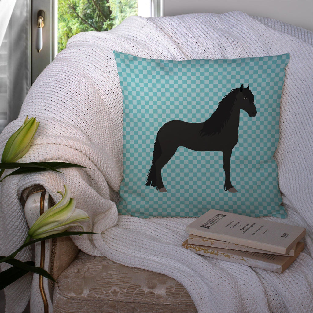 Friesian Horse Blue Check Decorative Throw Pillow 14x14 Indoor Outdoor Accent Cushion, Fabric Cover with Insert for Sofa, Bed, Porch & Living Room