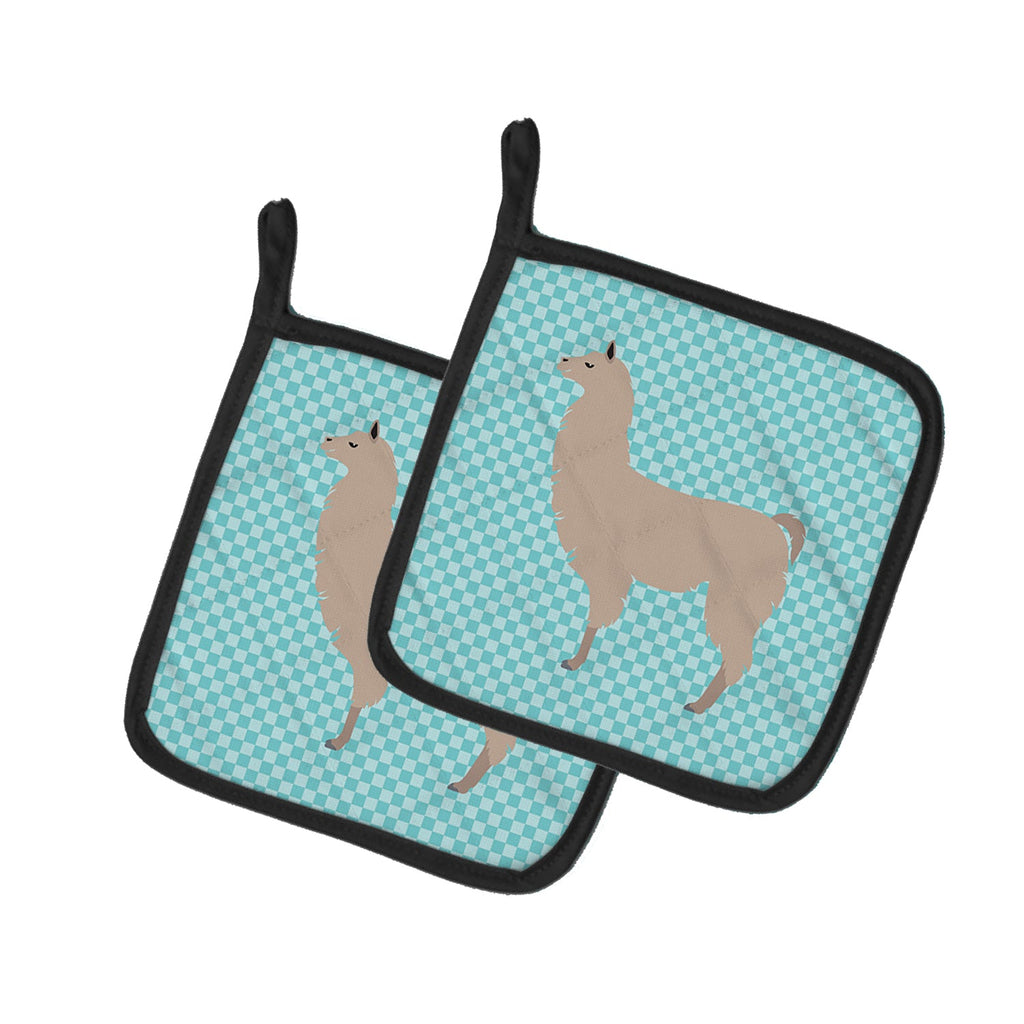 Llama Blue Check Pot Holder Set of 2 Heat Resistant Quilted Hot Pads 7.5 x 7.5 Inch, Insulated Kitchen Trivets for Cooking & Baking