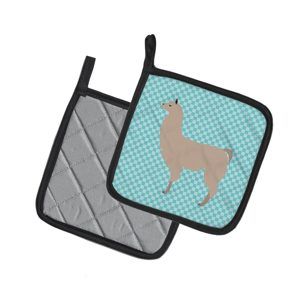 Llama Blue Check Pot Holder Set of 2 Heat Resistant Quilted Hot Pads 7.5 x 7.5 Inch, Insulated Kitchen Trivets for Cooking & Baking