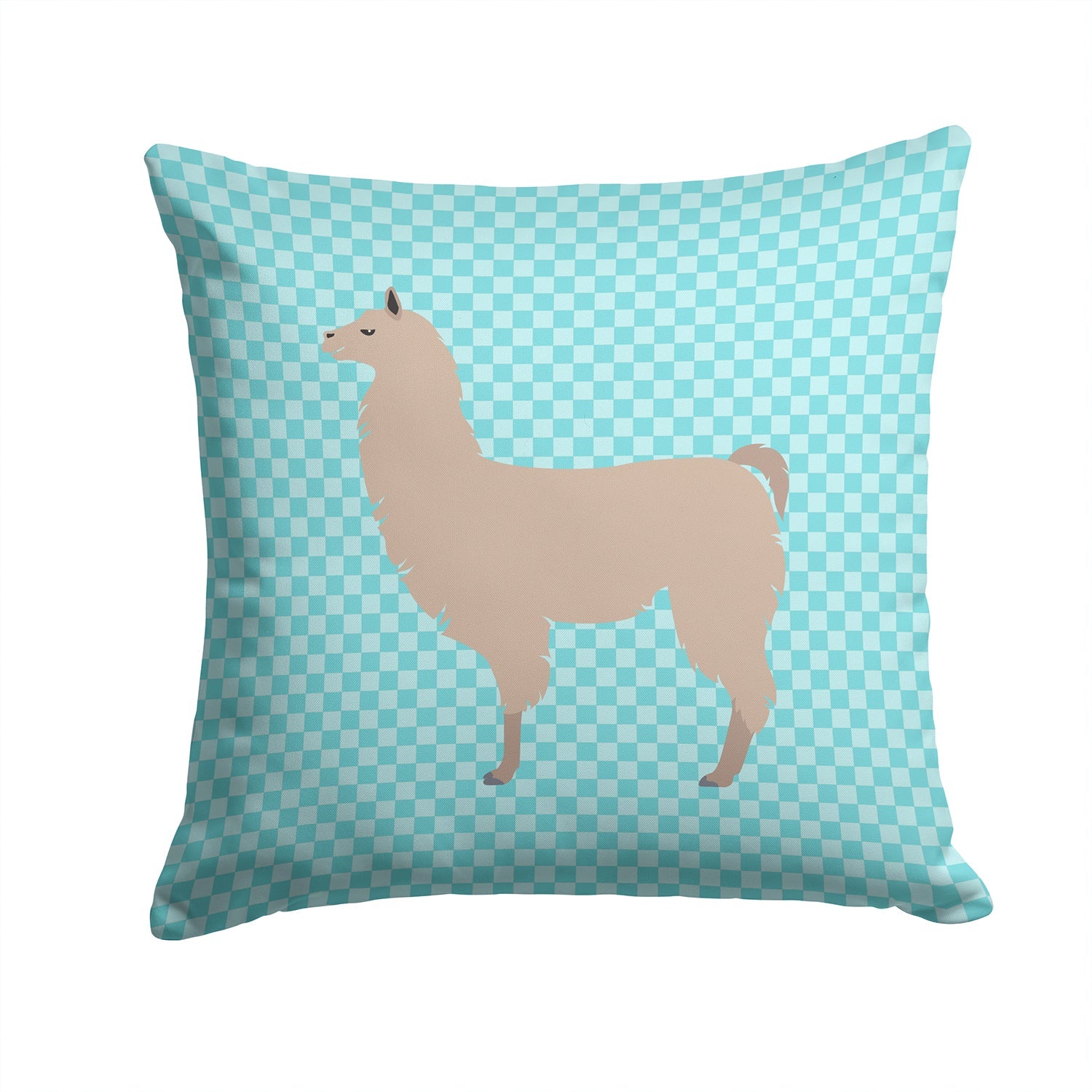 Llama Blue Check Decorative Throw Pillow 14x14 Indoor Outdoor Accent Cushion, Fabric Cover with Insert for Sofa, Bed, Porch & Living Room
